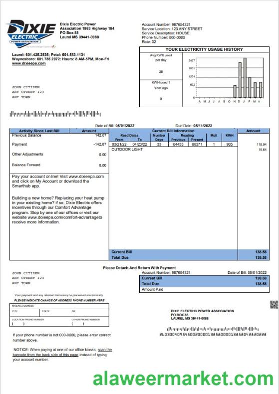 USA Mississippi Dixie Electric utility bill template in Word and PDF format